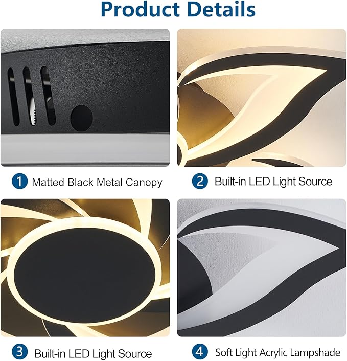 HuixuTe 24" Modern Geometric Ceiling Light Fixture, Black Dimmable 3 Colors LED Close to Ceiling Light Fixtures with Remote, Low Profile Flush Mount Ceiling Light for Kitchen, Living Room