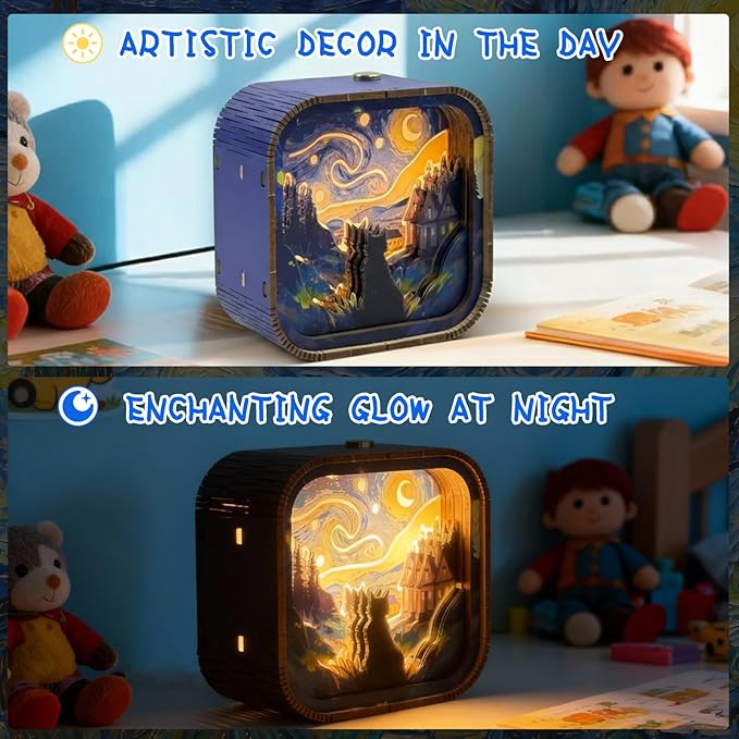 3D Wooden Puzzle Night Light DIY LED Art Lamp Kit for Adults Desk Decor Relaxing Craft Project Table Ornament and Unique Gift (Starry Cat)