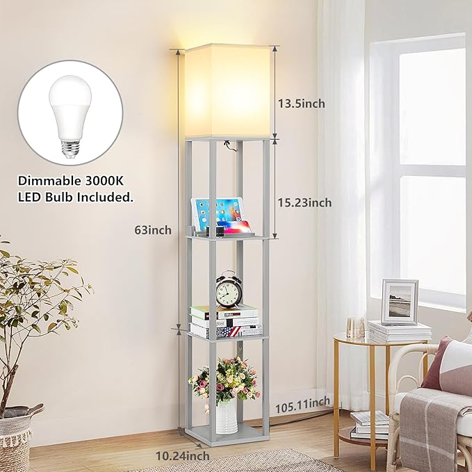 FOLKSMATE LED Shelf Floor Lamp, Modern Touch Control Dimmable Standing Lamp with 2 USB Ports and 1 Power Outlet, Corner Tall Lamps with Shelves, Wood Standing Light for Bedroom, Living Room, Grey
