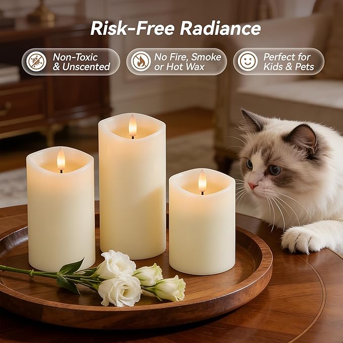 Rechargeable Flickering Flameless Candles Melted Edge Battery Operated with Remote and Timer, Real Wax LED USB Type-C Pillar Candles, Set of 3 (3" x 4",5",6"), Ivory,Spring Home Decor