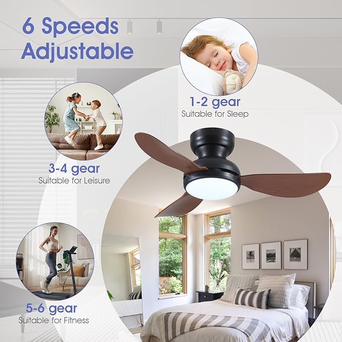 36 Inch Ceiling Fans with Lights, Small Flush Mount Ceiling Fan, Remote/APP Control, 3 Reversible Curved Blades, 6 Speeds, 3 CCT Dimmable Lights for Bedroom Kids Room, Brown