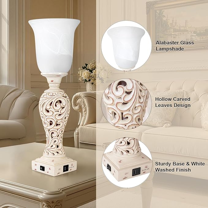 20" Bedside Lamp for Bedroom, Torchiere Table Lamp with 2 USB Charging Ports, Vintage Desk Lamp with Glass Shade, 3-Way Dimmable Bulb Included, Retro Rustic Nightstand Lamp for Living Room Entryway