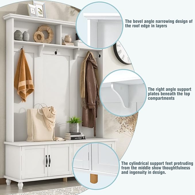Widen Hall Tree with Bench and Shoe Storage, Modern Entryway Bench with Coat Rack, Cabinet, 2 Drawers and Shelves, Mudroom Bench with Storage and 5 Hooks for Entry Way, Hallway (White)