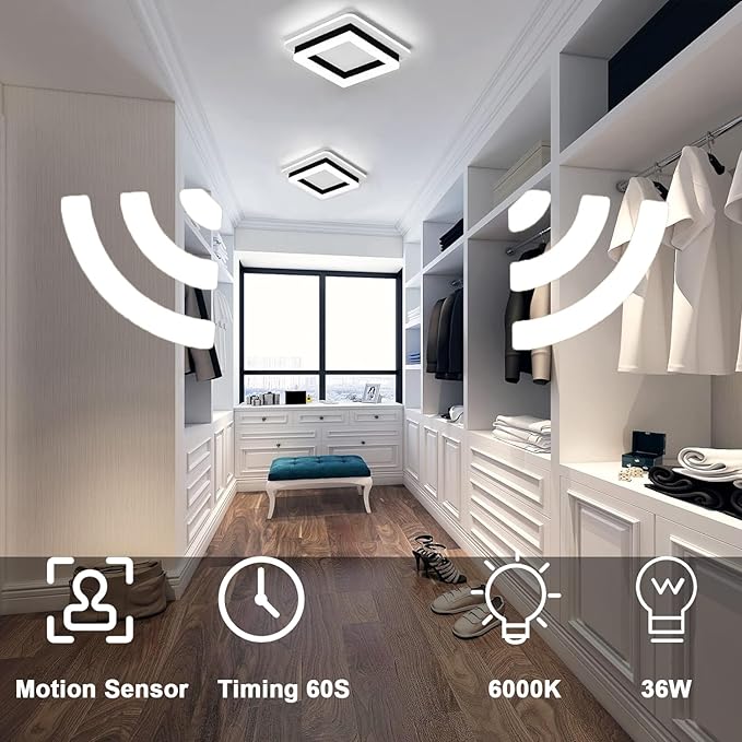 Motion Sensor LED Ceiling Light Indoor, 24W Black Mount Motion Activated 7.87inch Flush Mount Lighting Fixture for Closet Laundry Bathroom Hallway Stair Porch Basement, Cool White