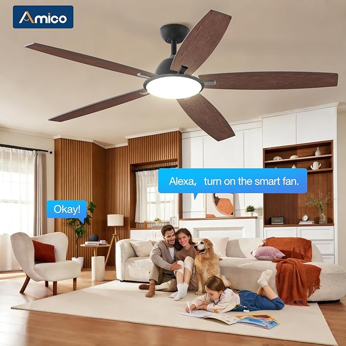 Amico Ceiling Fans with Lights, 60 inch Smart Ceiling Fan with Remote/APP/Alexa Control, Reversible, 5 Blades, 6 Speeds, 3CCT, Dimmable, Noiseless, Wifi Ceiling Fan for Farmhouse, Bedroom, Brown