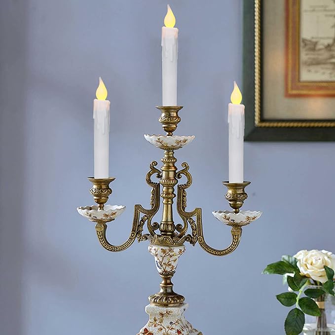 CVHOMEDECO. Flickering Taper Candles LED Drip Flameless Candles, Battery Operated with Timer, White, 6-3/4 Inch, Set of 3