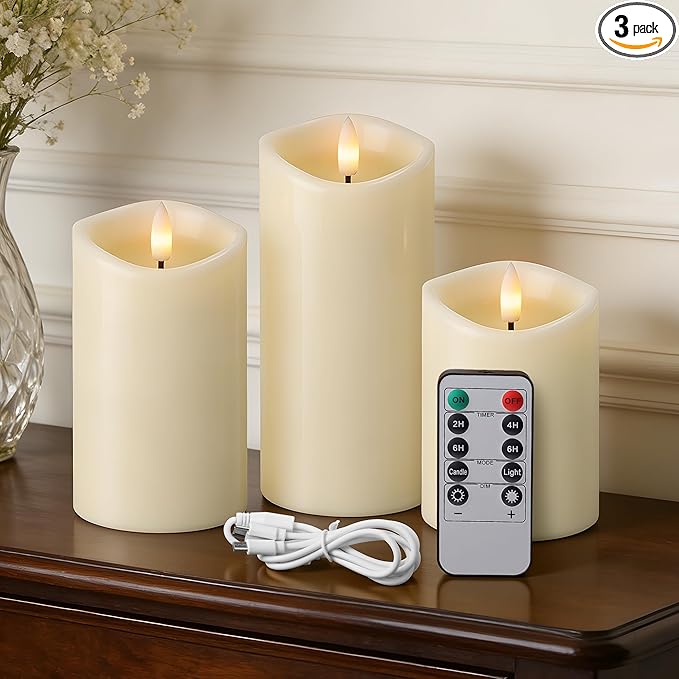 Rechargeable Flickering Flameless Candles Melted Edge Battery Operated with Remote and Timer, Real Wax LED USB Type-C Pillar Candles, Set of 3 (3" x 4",5",6"), Ivory,Spring Home Decor
