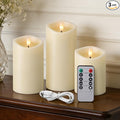 Rechargeable Flickering Flameless Candles Melted Edge Battery Operated with Remote and Timer, Real Wax LED USB Type-C Pillar Candles, Set of 3 (3" x 4",5",6"), Ivory,Spring Home Decor