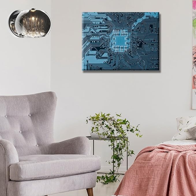 Digital Age Wall Art for Living Room CPU Concept Wall Painting Electronic Board Canvas Wall Art Technology Contemporary Home Decor 1 Panels Blue Electronic Circuit Inside Picture Framed 12X16 INCH