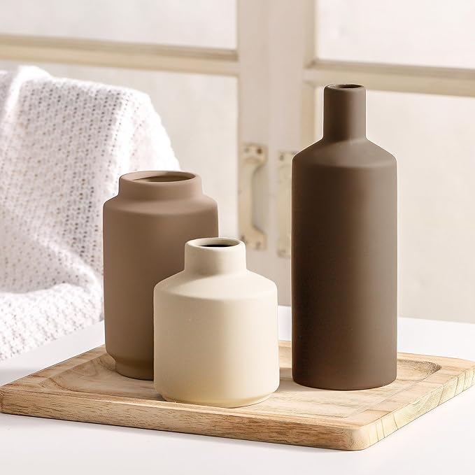 Ceramic Vase Set of 3 Terracotta Brown Beige, Modern Small Flower Vases for Home Decor, Boho Farmhouse Rustic Decorative Vases for Living Room Table Shelf Kitchen Bedroom Centerpieces
