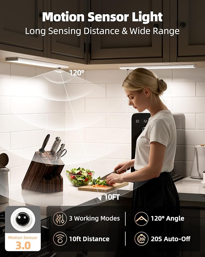 EZVALO 12inch Under Cabinet Lighting Wireless with Battery Indicator, 2500mAh Rechargeable Motion Sensor Light Indoor, 96 LED Under Counter Lights for Kitchen Closet, 3 Color Temps, Dimmable, 3 Pack