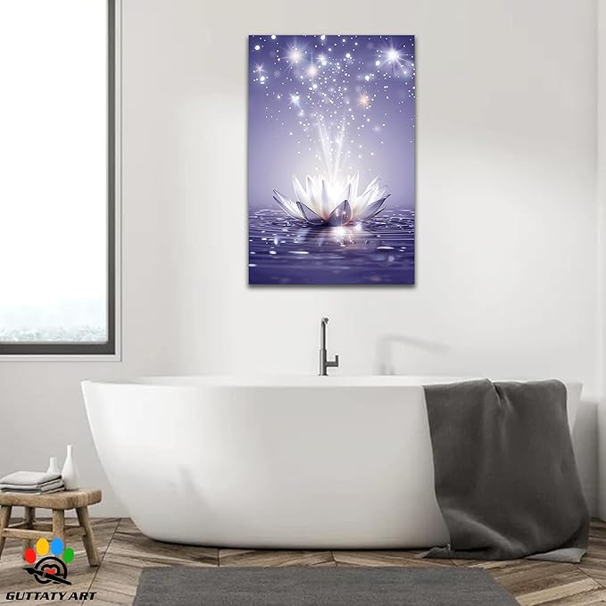 Zen Canvas Wall Art, White Lotus Flower Bloom in Water Picture, Zen Blue Flower Painting, Modern Framed Spiritual Home Artwork for Yoga Spa Meditation Spiritual Room Living Room Office 28x40 inch