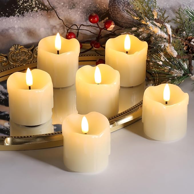 Eywamage Ivory Dripping Wax Flameless Votive Candles with Remote Batteries, 2x2 in Small Flickering LED Pillar Candles Set of 6
