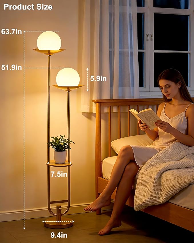 Lightdot 63IN Gold Floor Lamp with U Pole, 2 Globe Mid Century Standing Lamps Dimmable with 3000K Warm White LED Bulbs, Unique Vintage Tall Floor Lamp for Living Room/Wedding/Party