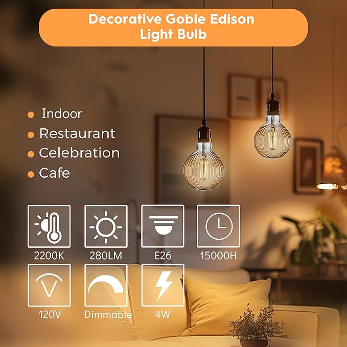 Light Bulbs, 4W Dimmable Decorative Large Unique Amber Globe G125 Edison LED Bulbs with Squirrel Cage Filament, E26 Medium Base, 2200K Warm Ambient Mood Lighting for Indoor Decoration, 1 Pack