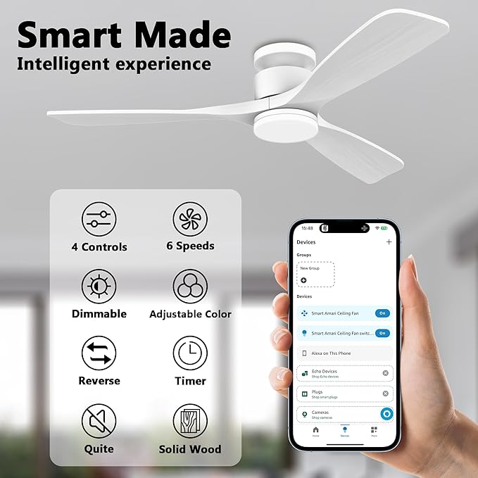 52 Inch Smart Low Profile Ceiling Fans,Solid Wood Outdoor Indoor Ceiling Fan with Lights Remote,WIFI Alexa App Control,Quiet DC Motor,Dimmable LED,Modern Flush Mount Fan for Bedroom Patio,White