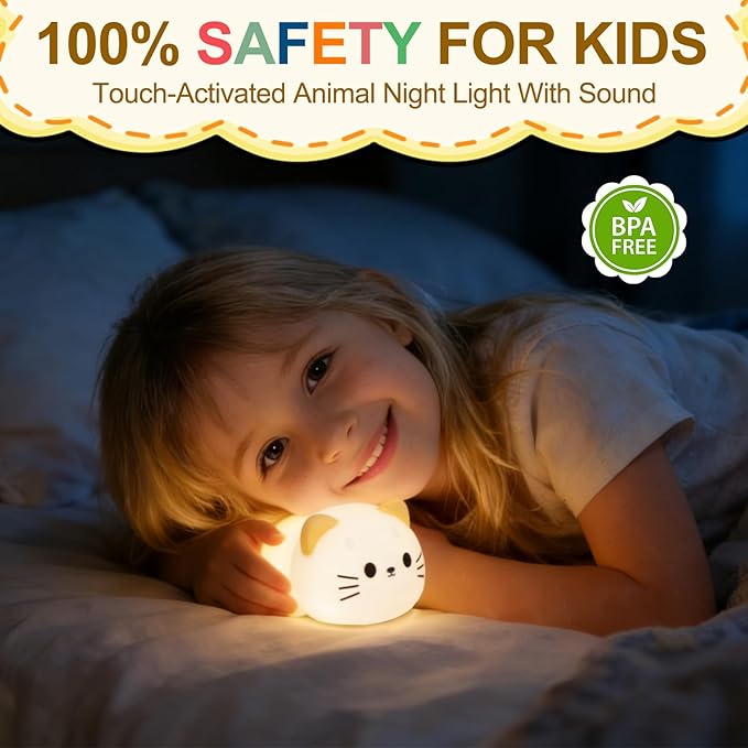 Cat Night Light & Lamp for Baby Nursery - Soft Lying Kitty Nightlight, Dimmable and 7 RGB Colors, Switchable Animal Sound,Rechargeable BPA-Free,Good for Room Decor,Valentines Day, Holiday Gifts