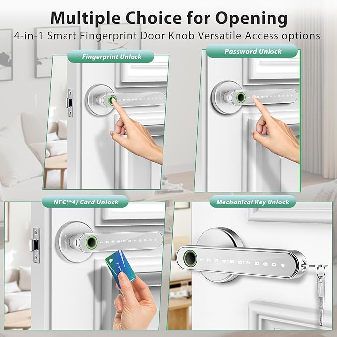 Fingerprint Door Lock Biometric Door Knob with Keypad Keyless Entry, Door Locks for Bedrooms, Home Hotel Office Apartment Silver