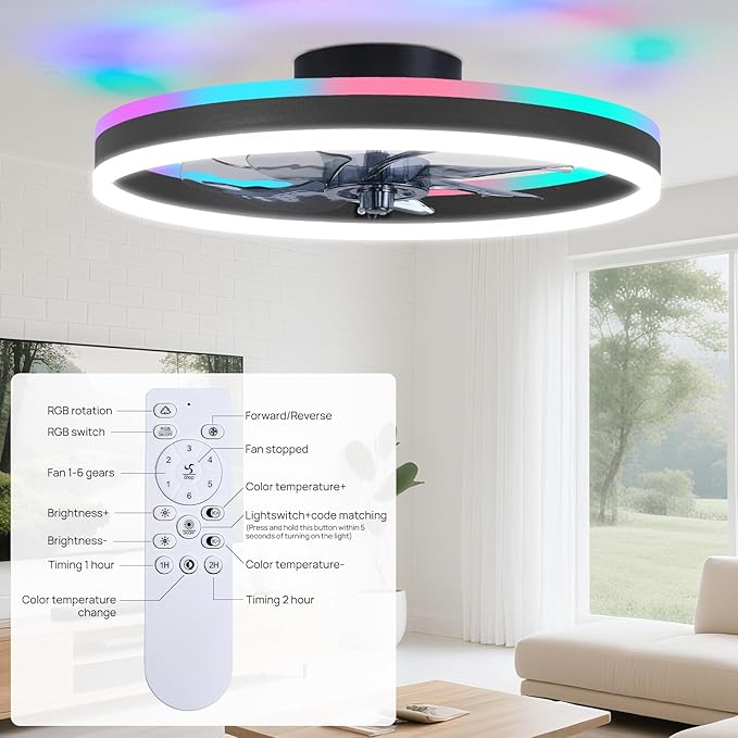 16 Inch RGB Low Profile Ceiling Fans with Lights, Modern Flush Mount Fandelier Chandelier Fixture, Remote & APP Control, Black LED Ceiling Fan Light for Bedroom, Living Room, Kitchen Indoor