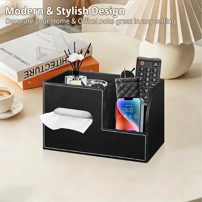 Leather Square Tissue Box Cover with Storage Tray,Cube Tissue Box Holder,Modern Facial Paper Organizer with Remote Control Holder for Bathroom,Vanity Countertop,End Table NightStand Home Office.Black