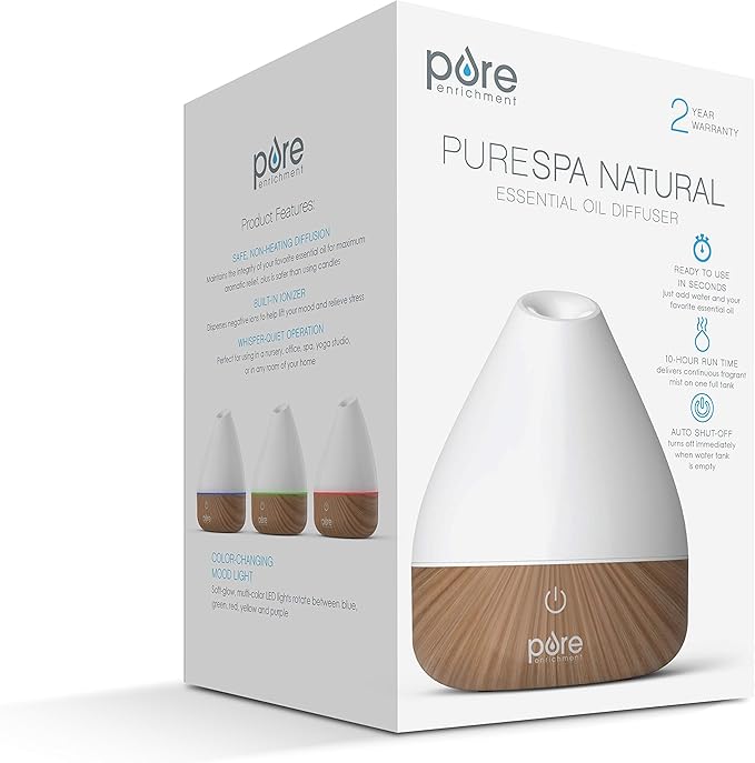 Pure Enrichment PureSpa Natural Aromatherapy Oil Diffuser (White) - Ultrasonic Air Deodorizer with 200ml Water Tank, Wood-Grain Accents, Soft Color-Changing Lights, and Auto Safety Shut-Off