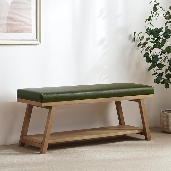 45" Entryway Bench Upholstered Storage Bench for Bedroom Shoe Rack Bench for Living Room, Hallway, Mudroom, Balcony, Sturdy Indoor Bench Seat Holds Up to 300 lbs (PU-Green)