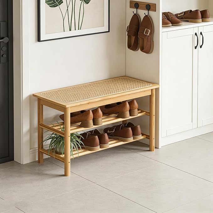 latifolia Shoe Rack Bench, 3-Tier Bamboo Shoe Bench with Breathable Rattan Seat Cushion, Shoe Storage Rack for Entryway(Nautre,39.70''L)