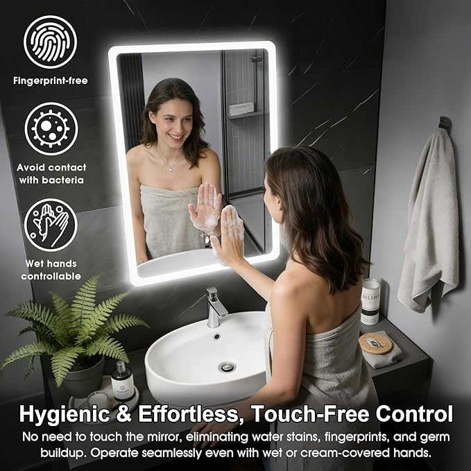 LED Bathroom Mirror, 20x28 in Vanity Mirrors with Backlit Lights for Shaving, Fogless Makeup Mirror Wall Mounted with Demister, Dimmable 3 Color Lighting, IP54, Hand Swipe, Vertically Only