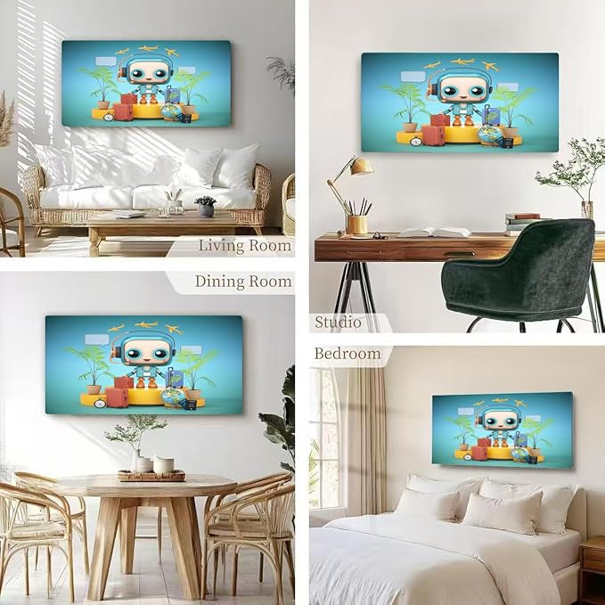 Wibinuki Wall Art Wall Decor Wall Paintings A cheerful travel-themed character stands surrounded luggage for Living Room Bedroom Bathroom Home Decor Can Be Hung Directly 20"x 40"