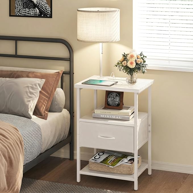 Fixwal Bedside Table with LED Lights Nightstand with 3 Color Temperatures Bulb, Tall NightStand with Charging Station End Table with Adjustable Fabric Drawer for Bedroom Dorm (White)