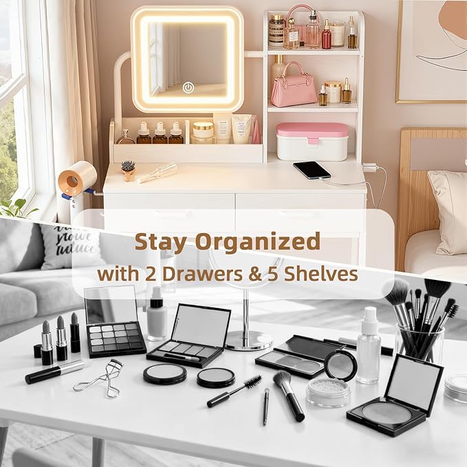 Compact Makeup Vanity for Girls with Mirror and Lights, White Vanities Desk with 2 Drawers and Charging Station, Modern LED Lighted Bedroom Dressing Table