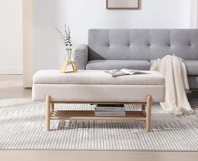 EALSON Modern Storage Ottoman Bench Upholstered Fabric End of Bench with Seating and Wood Shoe Rack Long Entryway Bench for Bedroom/Living Room/Foyer, Linen Beige