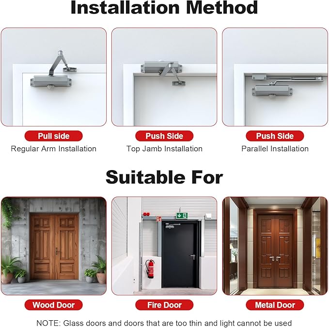 Automatic Door Closer for Home with Hold Open Function, Adjustable Speed Hydraulic Door Closer for Residential and Commercial Use, Silver, Medium