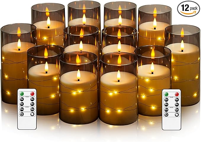 Flameless LED Candles with Timer 12 Pc Flickering Flameless Candles for Romantic Ambiance and Home Decoration Stable Acrylic Shell,with Embedded Star String，Battery Operated Candles(Grey)
