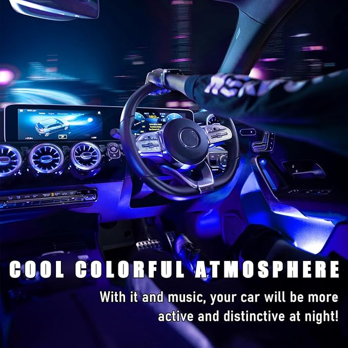Car Interior LED Strip Light, 12V 24 LED Waterproof Neon Ambient Night Light with USB Port, Automotive Atmosphere Decorative Under Dash Lighting Kit, Car Accessories (Blue)