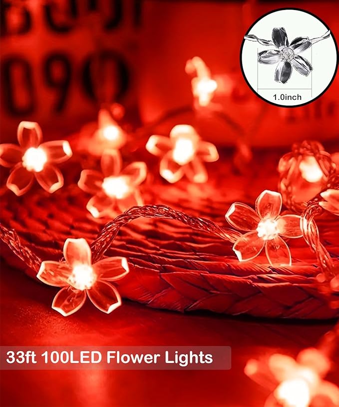 Cherry Blossom Flower String Lights, 100 led 33 feet 8 Mode Plug in Fairy Lights for Valentine's Day, Wedding, Birthday Party, Christmas Easter Tree Hanging Decorations (Red)