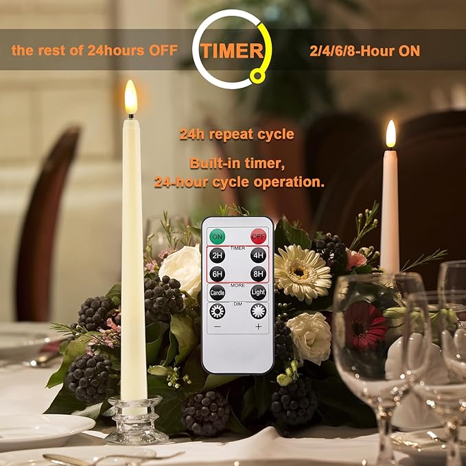 IMAGE Rechargeable Flameless Taper Candles with Remote, 12 Pcs LED Candlesticks 3D Wick Ivory Taper with Timer Flickering Function for Home, Wedding, Birthday Halloween Christmas Church, Warm White