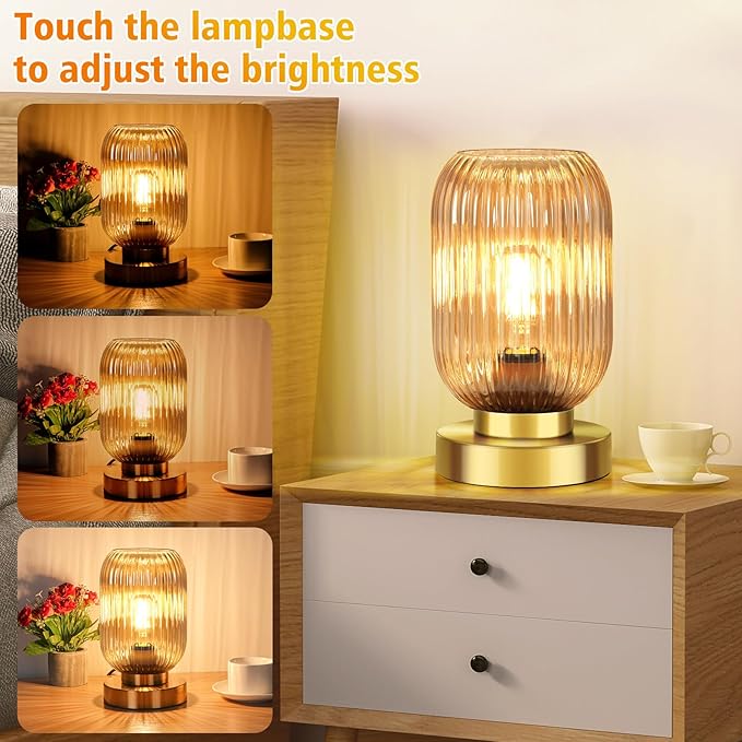 Mid Century Modern Table Lamp with Amber Ribbed Glass Shade,Touch Control & 3 Way Dimmable,Small Gold, Vintage Bedside Lamp for Bedroom, Living Room,Office (Bulb Included)