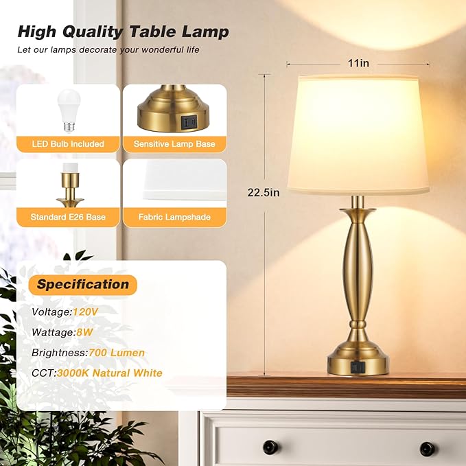 Seealle White Gold Lamps for Bedrooms Set of 2 - Touch Control Bedside Lamp with USB C+A, 3 Way Dimmable Nightstand Lamps with USB Port, Table Lamp for Living Room(White Shade and Gold Base)