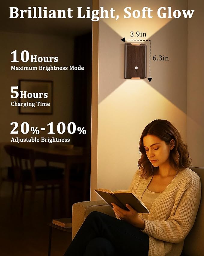 Motion Sensor Wireless Wall Sconce 2Pcs - Rechargeable Magnetic No-Drill, 3 Color Temp Dimmable Wireless Wall Light with Remote&Timer, Step Lights Indoor for Stair Bedroom Closet Hallway, Wood