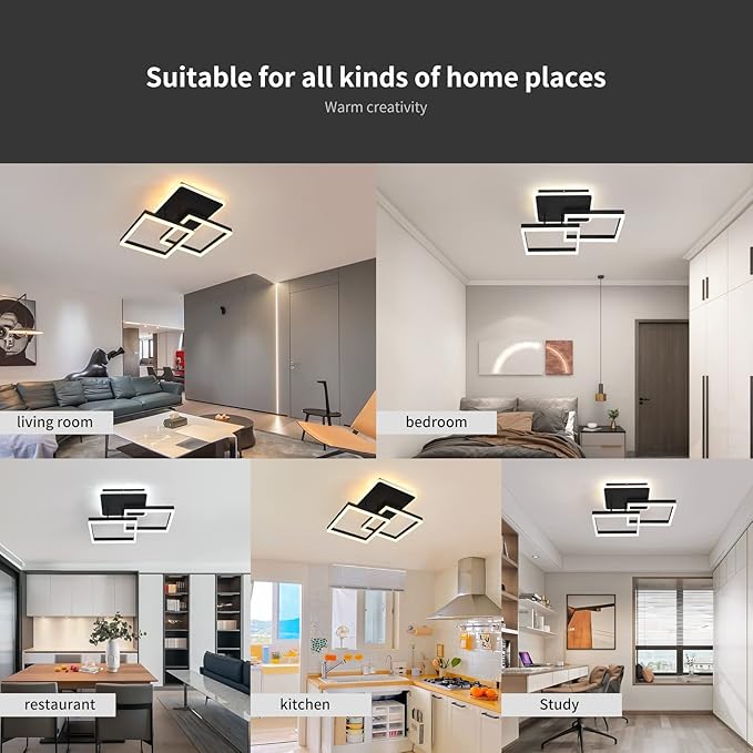 Garwarm Modern LED Ceiling Light, Dimmable 3 Heads Squares Ceiling Lamp Fixture with Remote, Acrylic Metal Flush Mount Ceiling Chandelier Lighting for Living Room Bedroom (70W, Black)