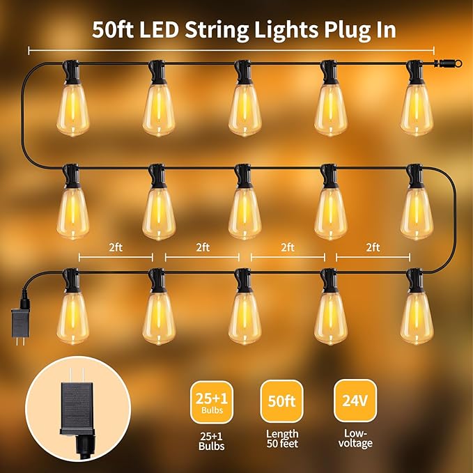 Outdoor String Lights with Remote, 50ft 25 Bulbs Low Voltage(24V) Patio Lights, Dimmable & Timer, IP65 Waterproof, ST38 LED Hanging Lights for Outside, Deck, Garden, Backyard, Porch, Party