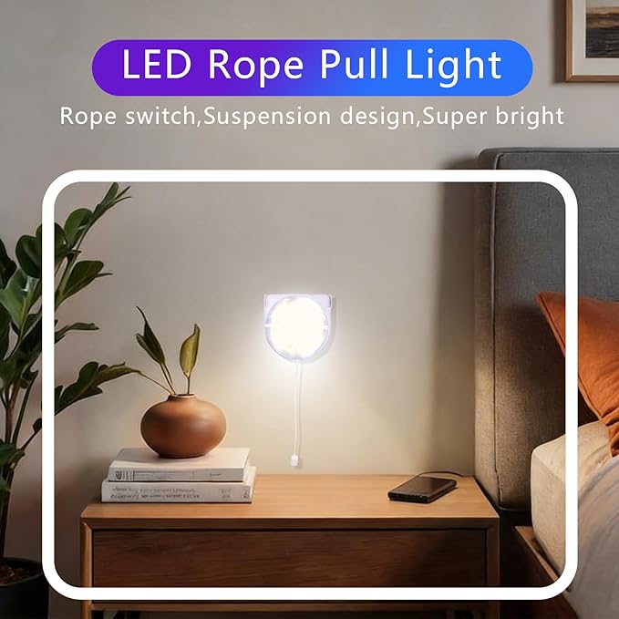 Stick-Up Light Bulb for Closet, 4Pack Battery Operated LED Light Bulb with Pull Chain, Wireless Self Adhesive Wall Mounted Lamp Fixtures for Cabinet Bedroom Living Room Kitchen, Clear Cover