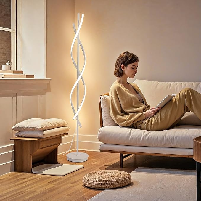 Unique Spiral Floor Lamp for Living Room Modern LED Floor Lamp with Remote Control 3 Color 62Inch Dimmable White Floor Lamp Temperature Corner Floor Lamps for Bedroom Office