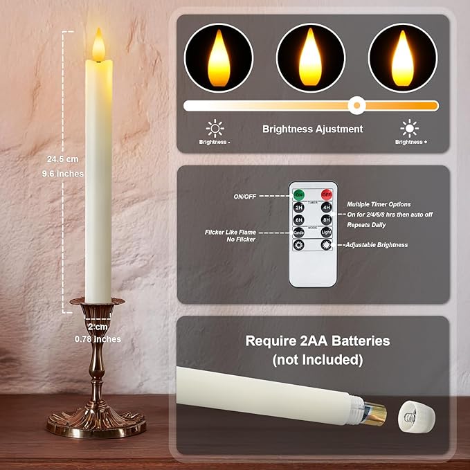 12 Pcs Flameless Taper Candles with Remote Timer, Battery Operated Window Candles, White Plastic LED Candlesticks, for Wedding Halloween Christmas Church Decor, 9.6 inches