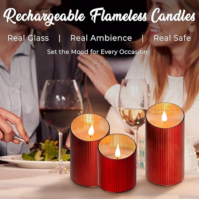 Rechargeable Flameless Candle, Flickering LED Pillar Glass Fake Candle with Remote and Timer, Built-in Battery Real Wax Electronic Candle for Room Decoration, Set of 3