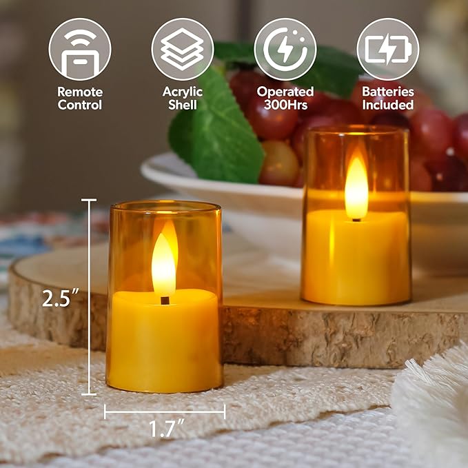 Flameless Small Tea Light LED Candles, Acrylic Battery Operated Votive 1.7" x2.5" with Remote Control and Timer, Tealight Amber Flickering Warm Light Pack of 15 Electric Long Lasting