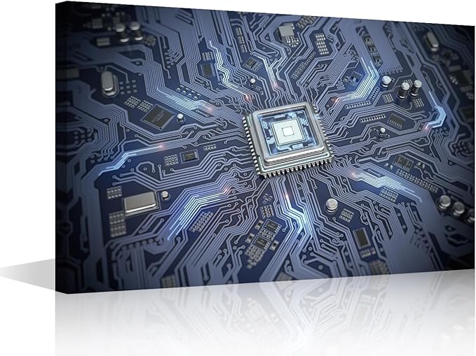 1 Panel Computer Chip Canvas Prints CPU Concept Wall Art Paintings Circuit Board Posters Stretched AI Pictures for Living Room Modern Home Decor Framed Wall Art Decorations, 24x16in