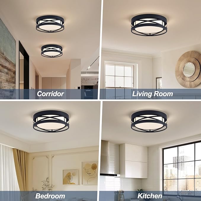 Modern LED Ceiling Light Fixture, Square LED Flush Mount Hallway Light Fixtures, Farmhouse Black Close to Ceiling Light for Hallway Bedroom Balcony Porch Stairway Ceiling Lamp (Round, 3000K)