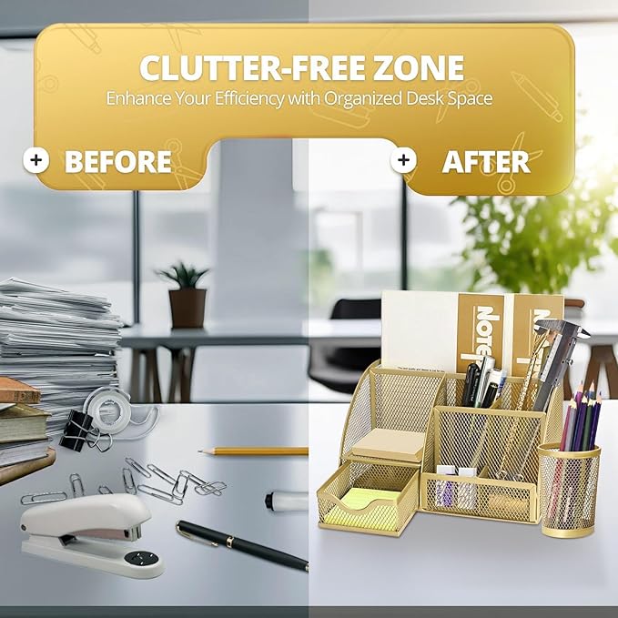Flexzion Desk Caddy Organizer Set (Gold) - Metal Mesh Desktop Caddy with Drawers, 6 Compartments, and Pencil Holder for Women & Men - Desktop Organizer and Storage for Work or Office Supplies